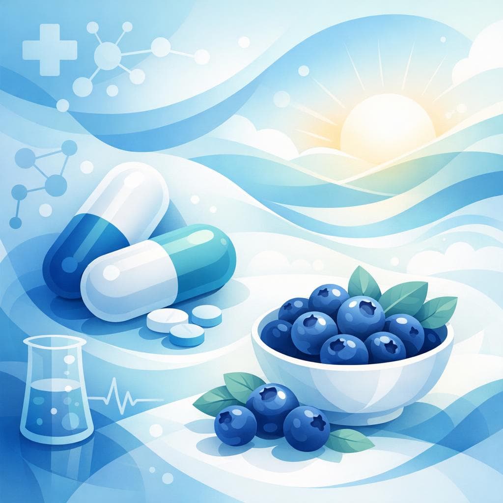 Medical illustration for 미국 NIH 자료 기반 | 아목시실린을 복용 중인데 아침에 블루베리를 먹거나 블루베리 주스를 마셔도 약물 흡수나 효과에 문제가 없나요? - Persly Health Information