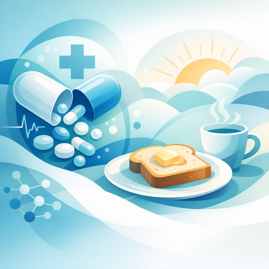 Medical illustration for 米国NIHの資料に基づく | アモキシシリンは朝食のパンと一緒に服用しても効果や吸収に影響はありませんか? - Persly Health Information