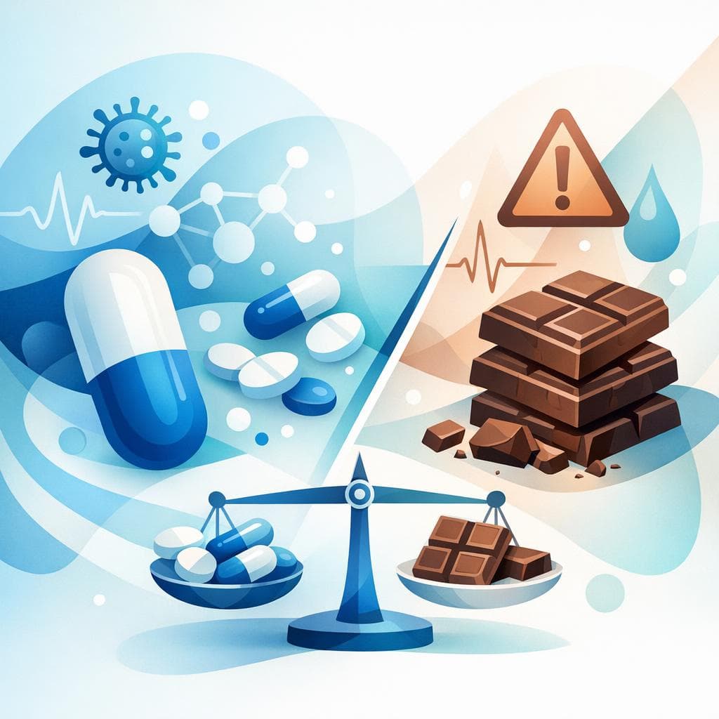 Medical illustration for Based on NIH | Does eating chocolate require any dosage adjustment or caution when taking amoxicillin, and can it reduce the antibiotic’s effectiveness? - Persly Health Information