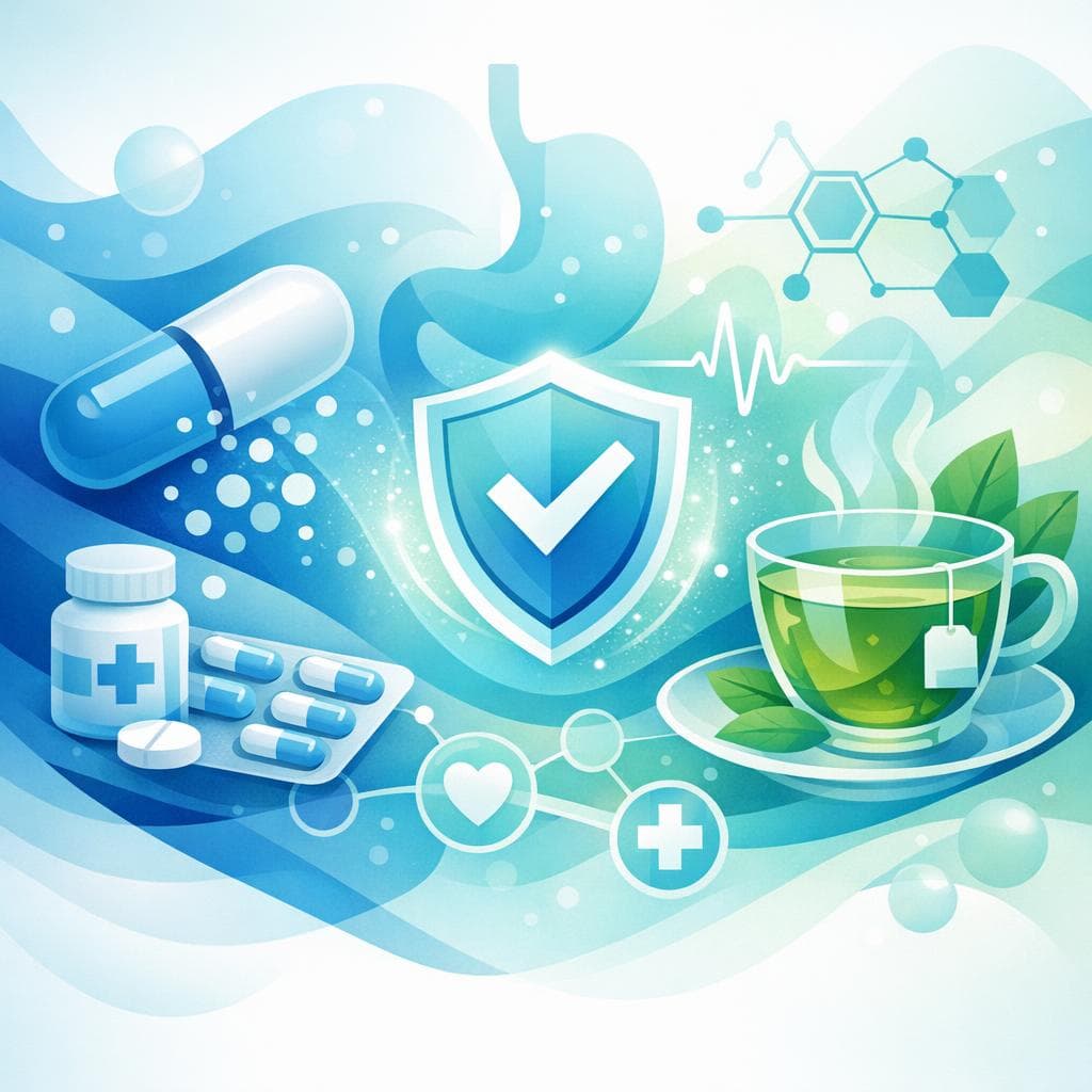 Medical illustration for Based on NIH | Is it safe to drink green tea while taking amoxicillin, and are there any clinically significant interactions that could reduce its effectiveness or increase side effects? - Persly Health Information