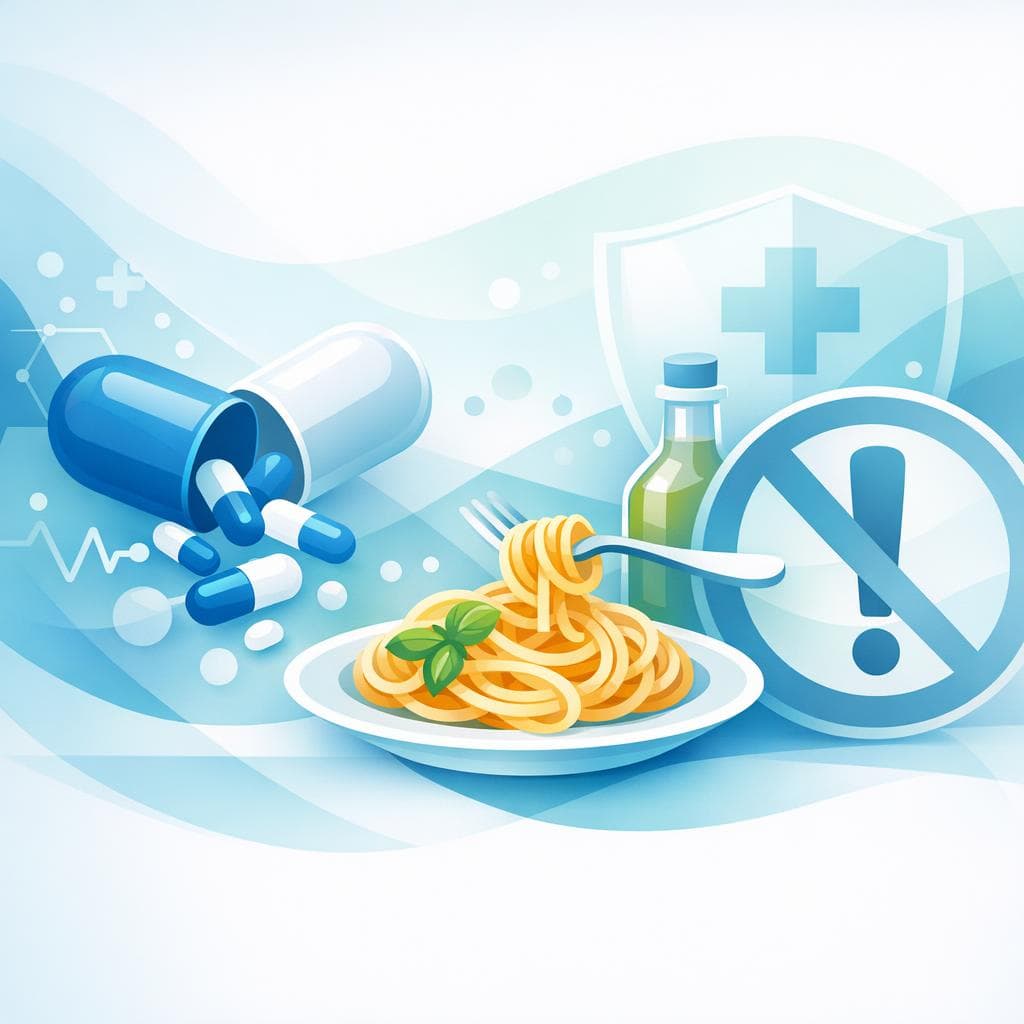 Medical illustration for Based on NIH | Does eating a large pasta meal require any caution with amoxicillin dosing, such as adjusting the dose or timing to avoid reduced effectiveness? - Persly Health Information
