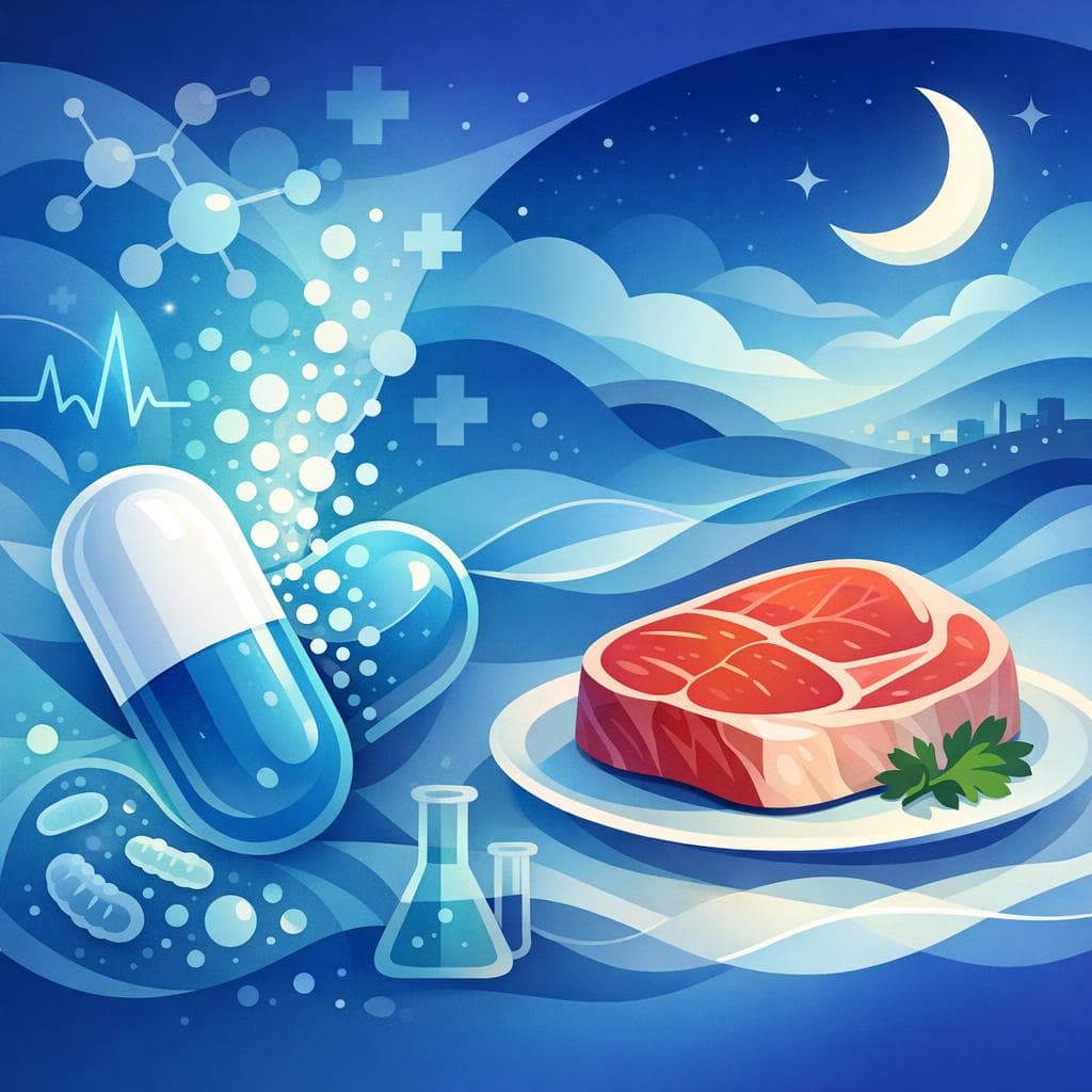 Medical illustration for 미국 NIH 자료 기반 | 아목시실린 복용 시 밤에 붉은 고기를 먹는 것이 약물 흡수나 부작용에 영향을 줄 수 있나요? - Persly Health Information