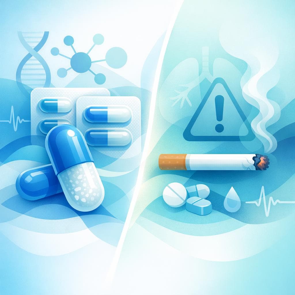 Medical illustration for Basado en NIH de EE.UU. | Si fumo, ¿debo ajustar la dosis de amoxicilina y hay alguna precaución especial que deba considerar al tomarla? - Persly Health Information