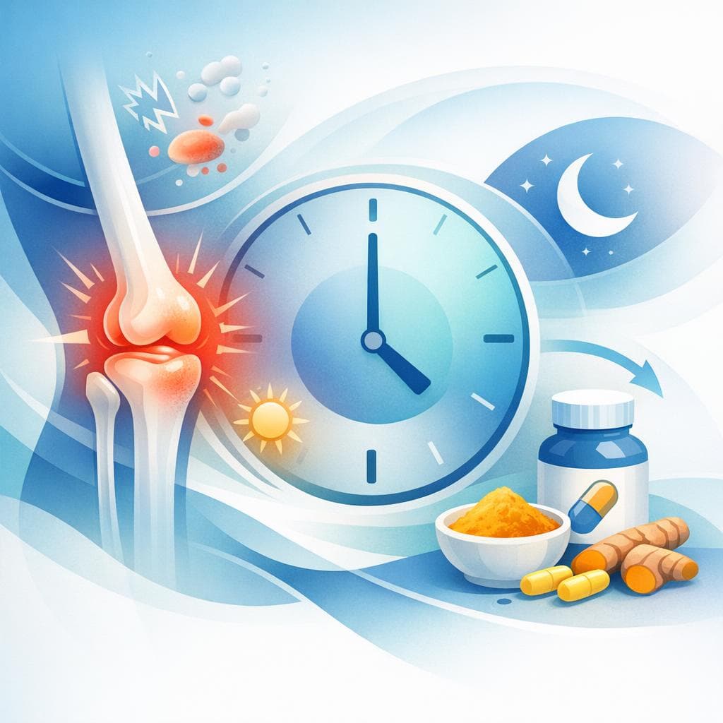 Medical illustration for PubMed 자료 기반 | 관절염 증상 완화를 위해 강황(커큐민)을 아침 공복이나 취침 전에 복용하면 더 효과적이라는 주장이 사실인가요? - Persly Health Information