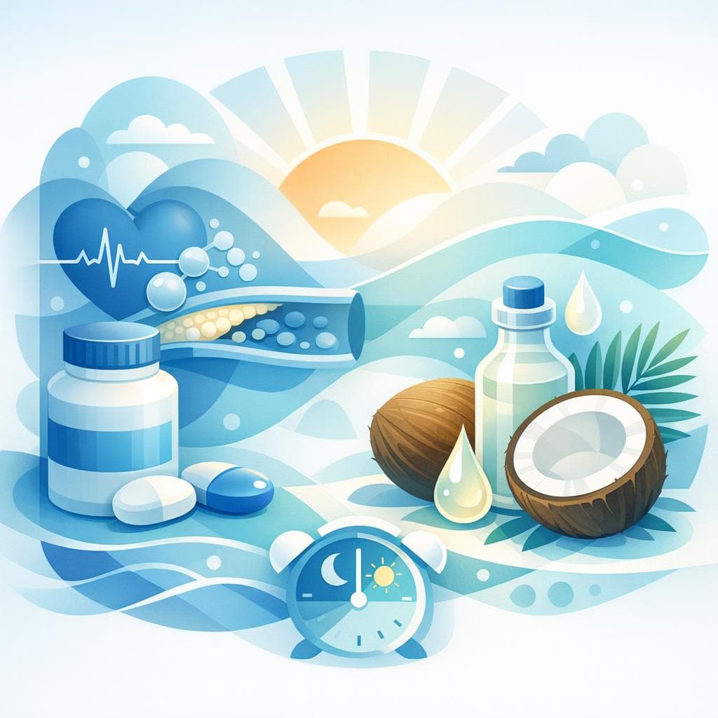 Medical illustration for 미국 NIH 자료 기반 | 아토르바스타틴 복용 중인데 아침에 코코넛 오일을 섭취하면 약물의 흡수나 효과에 영향을 줄 수 있나요? - Persly Health Information