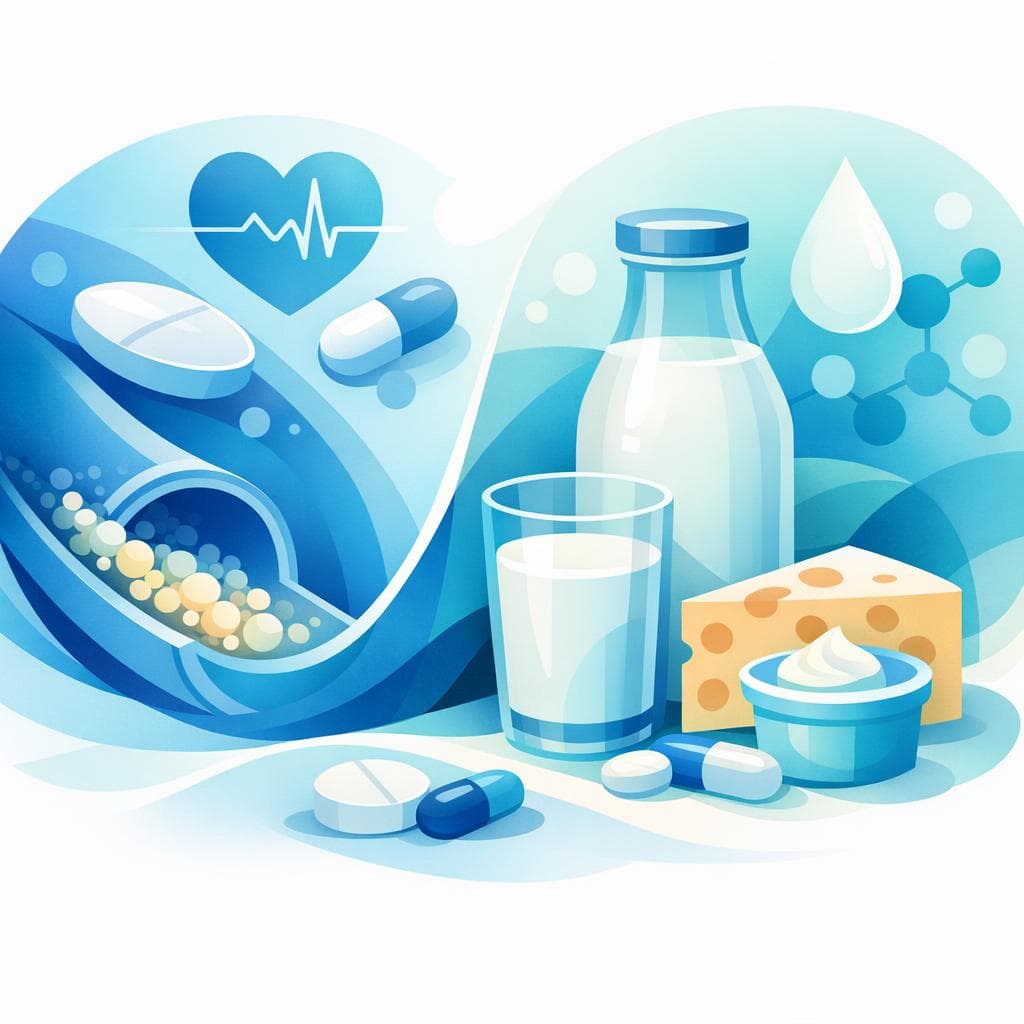 Medical illustration for Based on NIH | Can I drink milk or eat dairy products shortly before taking atorvastatin, or will dairy interfere with its absorption or effectiveness? - Persly Health Information