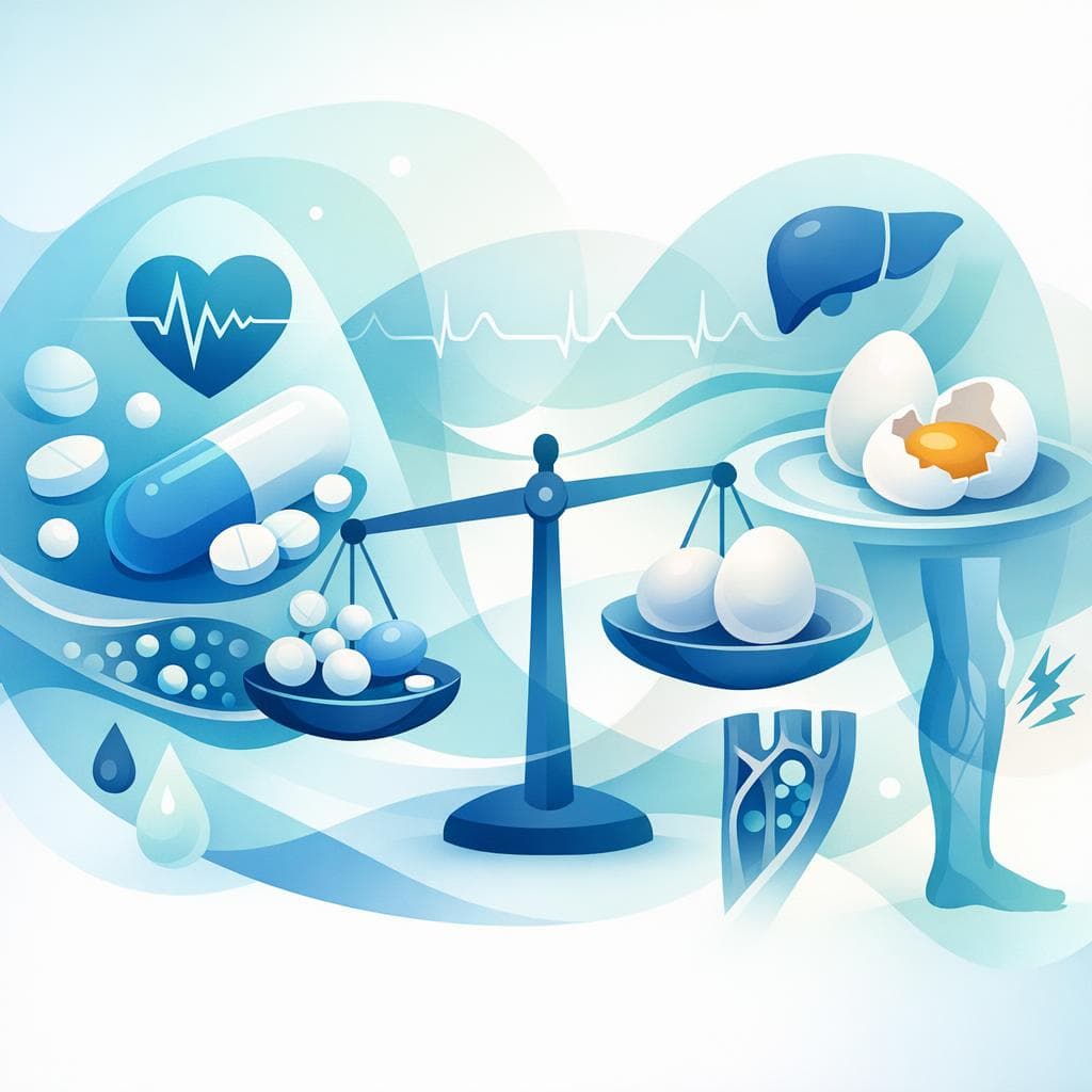 Medical illustration for Basado en NIH de EE.UU. | ¿Es cierto que comer huevos mientras tomo atorvastatina aumenta el riesgo de efectos secundarios, como dolor muscular o problemas hepáticos? - Persly Health Information