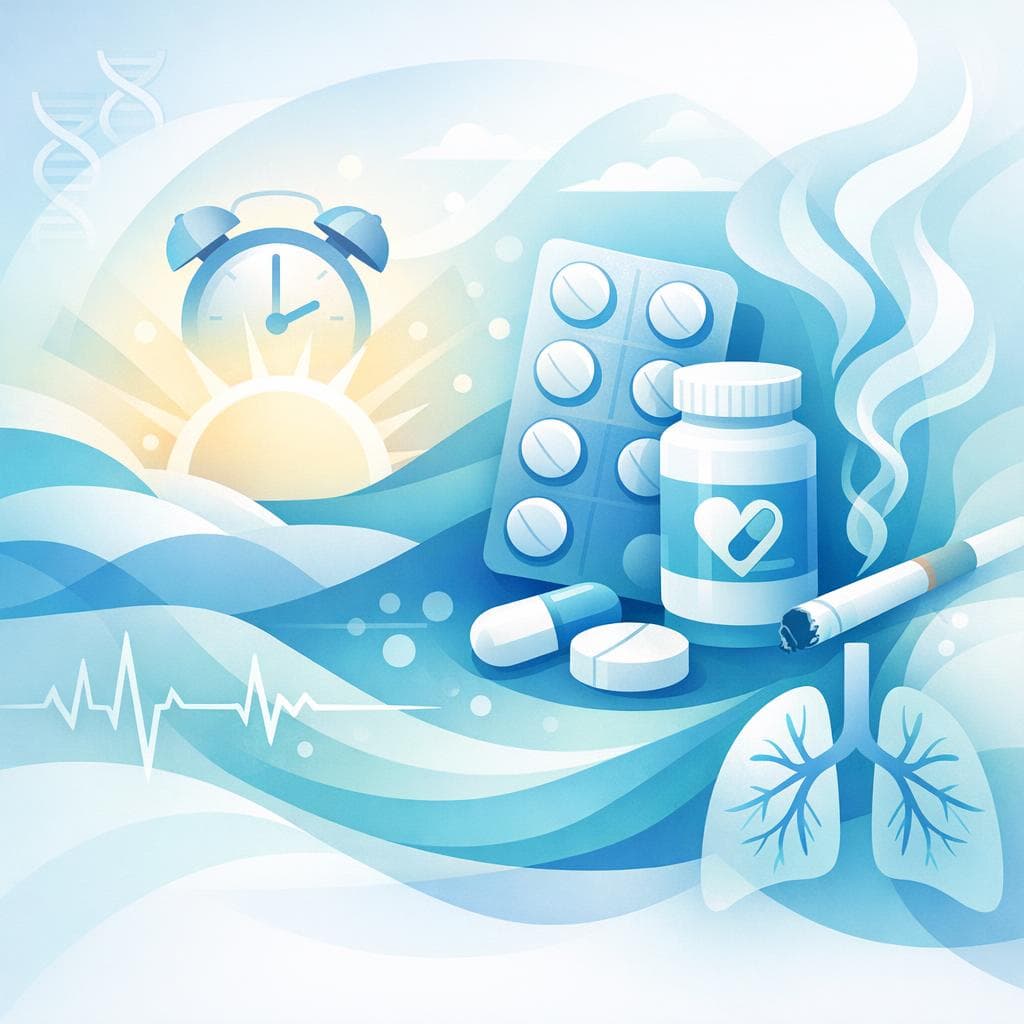 Medical illustration for 미국 NIH 자료 기반 | 아토르바스타틴을 복용 중인데 아침에 일어나자마자 흡연하면 약물 효과나 부작용에 영향을 주나요? - Persly Health Information