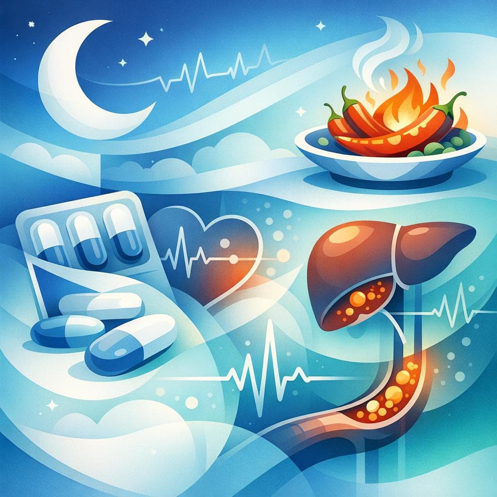 Medical illustration for 미국 NIH 자료 기반 | 아토르바스타틴을 복용 중인데 밤에 매운 음식을 먹으면 약효나 부작용(속쓰림, 근육통 등)에 영향을 줄 수 있나요? - Persly Health Information