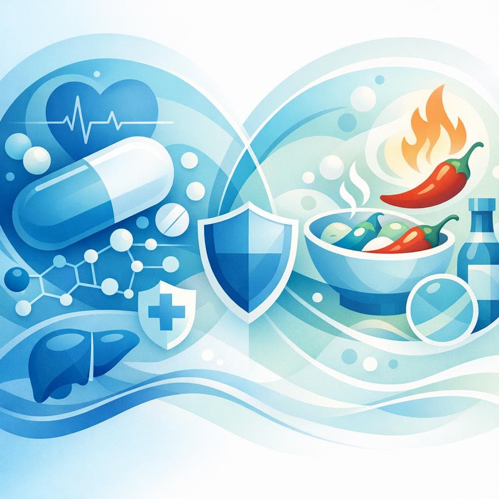 Medical illustration for Based on NIH | Is it safe to eat spicy foods like chili peppers while taking atorvastatin, or could they interact and increase side effects or reduce the medication’s effectiveness? - Persly Health Information