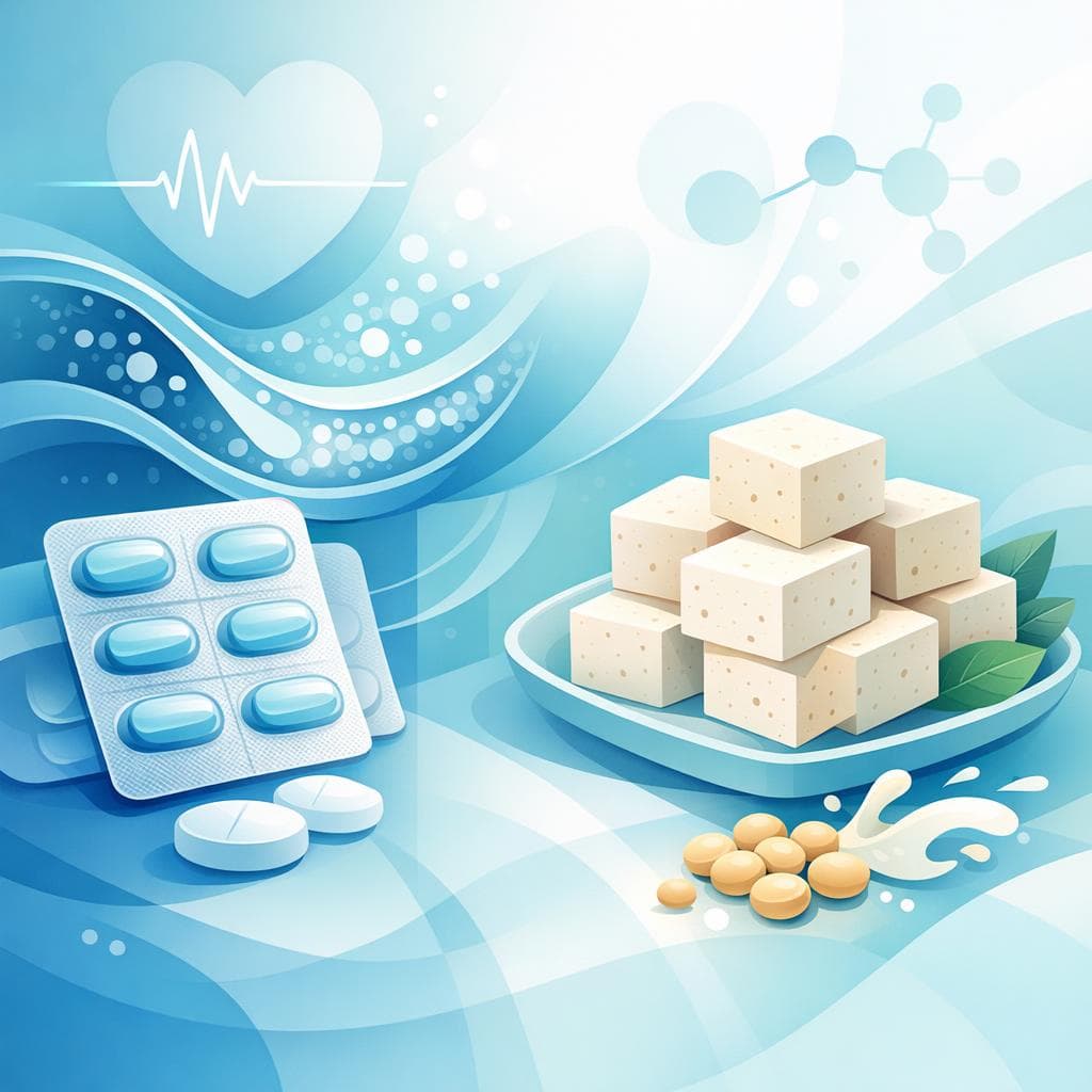 Medical illustration for Based on PubMed | Is it safe to eat tofu right before taking atorvastatin, or could soy products interfere with how the medication works? - Persly Health Information
