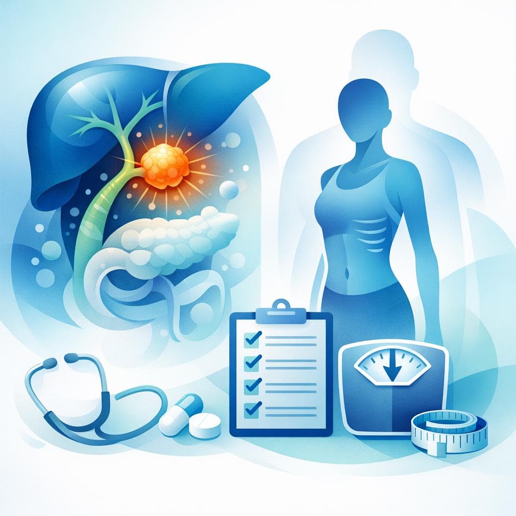 Medical illustration for Based on PubMed | What symptoms and evaluation steps belong on a patient checklist for unintentional weight loss related to bile duct cancer? - Persly Health Information
