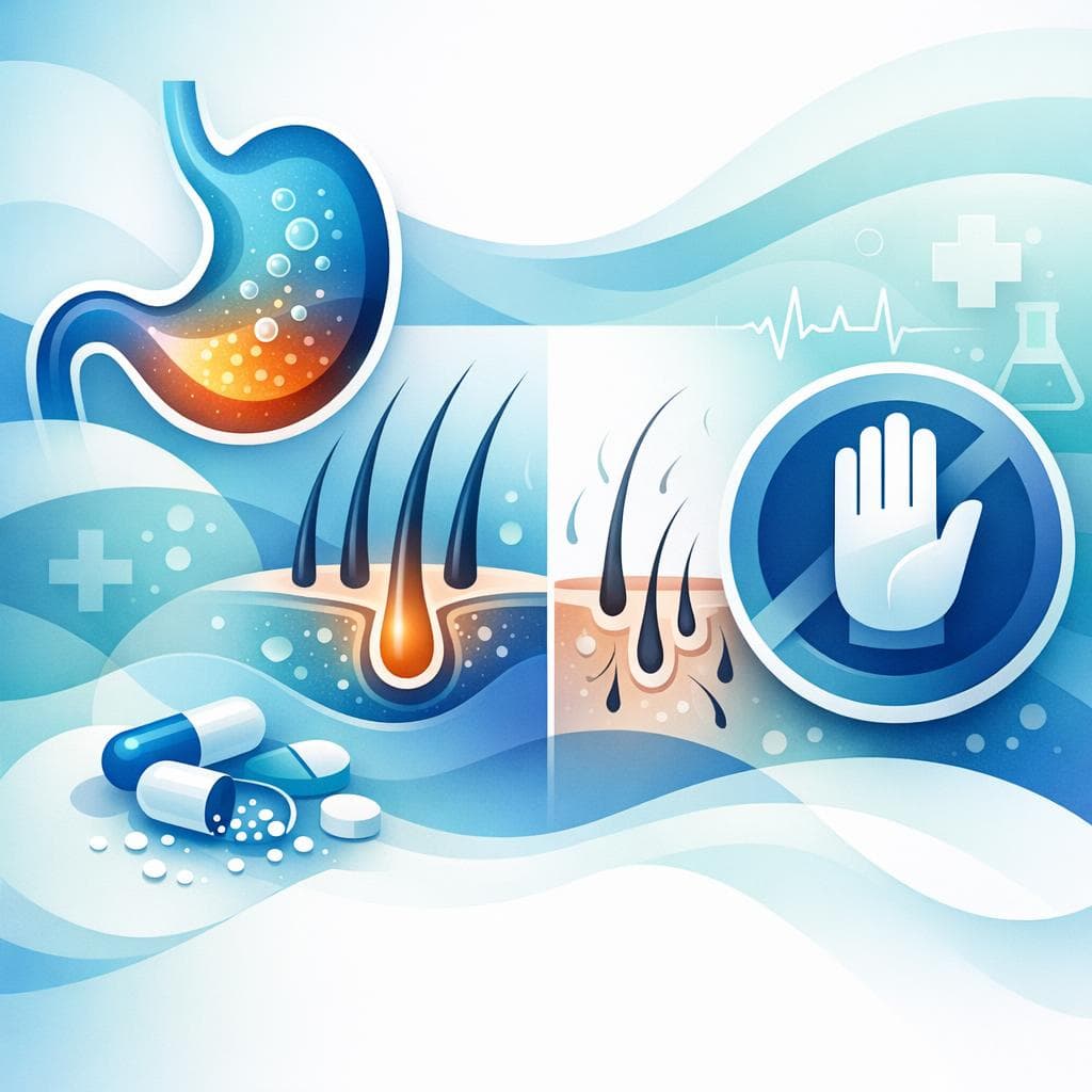 Medical illustration for Based on NIH | Can omeprazole cause hair loss, and if I notice significant shedding, when should I stop taking it and consult a doctor? - Persly Health Information