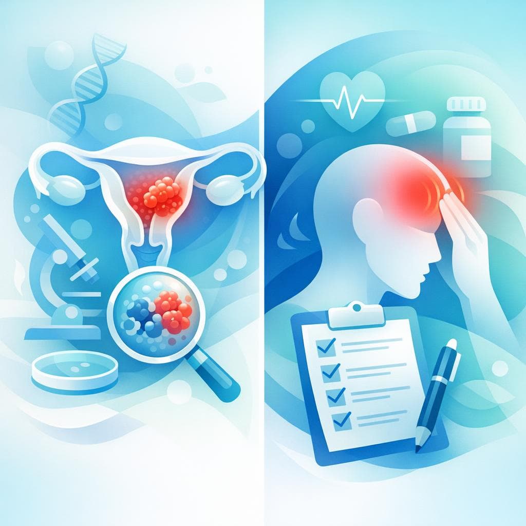 Medical illustration for Based on NIH | In a patient presenting with headache, what checklist questions and red-flag symptoms should be included to screen for possible endometrial cancer, such as abnormal uterine bleeding, postmenopausal bleeding, pelvic pain or pressure, and risk factors like obesity, tamoxifen use, PCOS, or unopposed estrogen exposure? - Persly Health Information