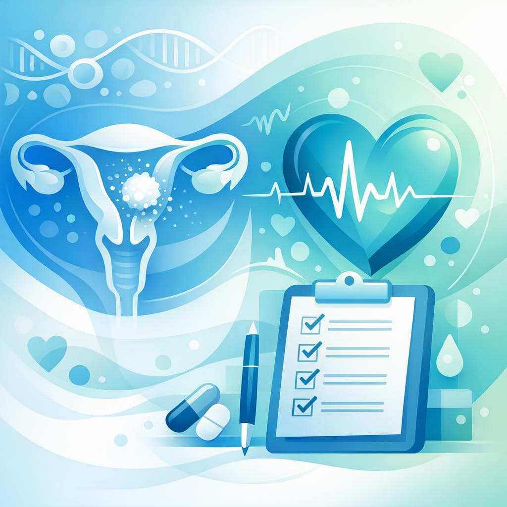 Medical illustration for PubMedの資料に基づく | 子宮体がんが疑われる患者で動悸を訴える場合、動悸患者チェックリストにはどのような症状やリスク因子(不正出血、貧血徴候、閉経後出血、肥満・糖尿病歴など)を確認項目として含めるべきですか? - Persly Health Information