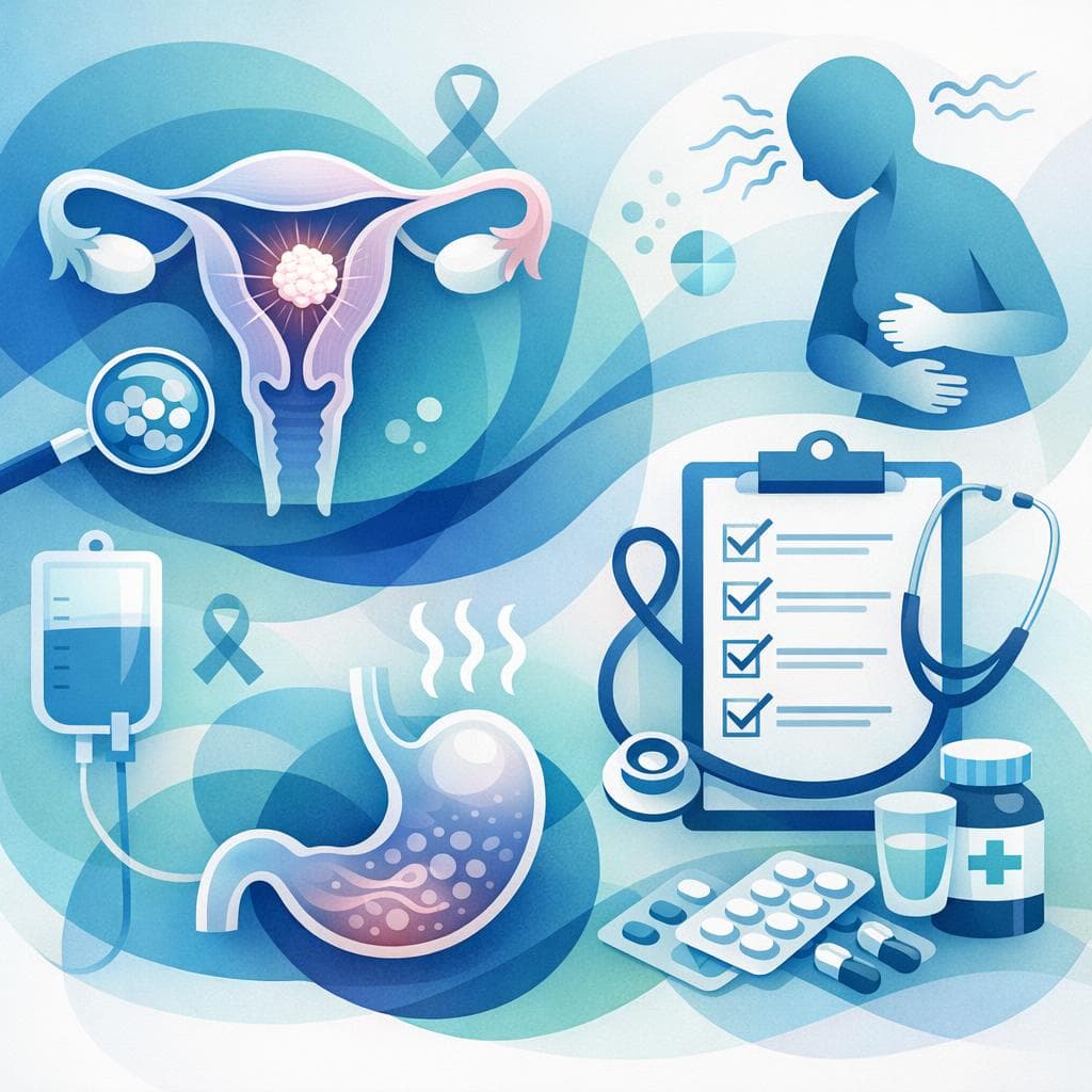 Medical illustration for PubMed 자료 기반 | 자궁내막암 환자의 메스꺼움 증상 평가와 관리를 위해 환자 체크리스트에는 어떤 항목들이 포함되어야 하나요? - Persly Health Information