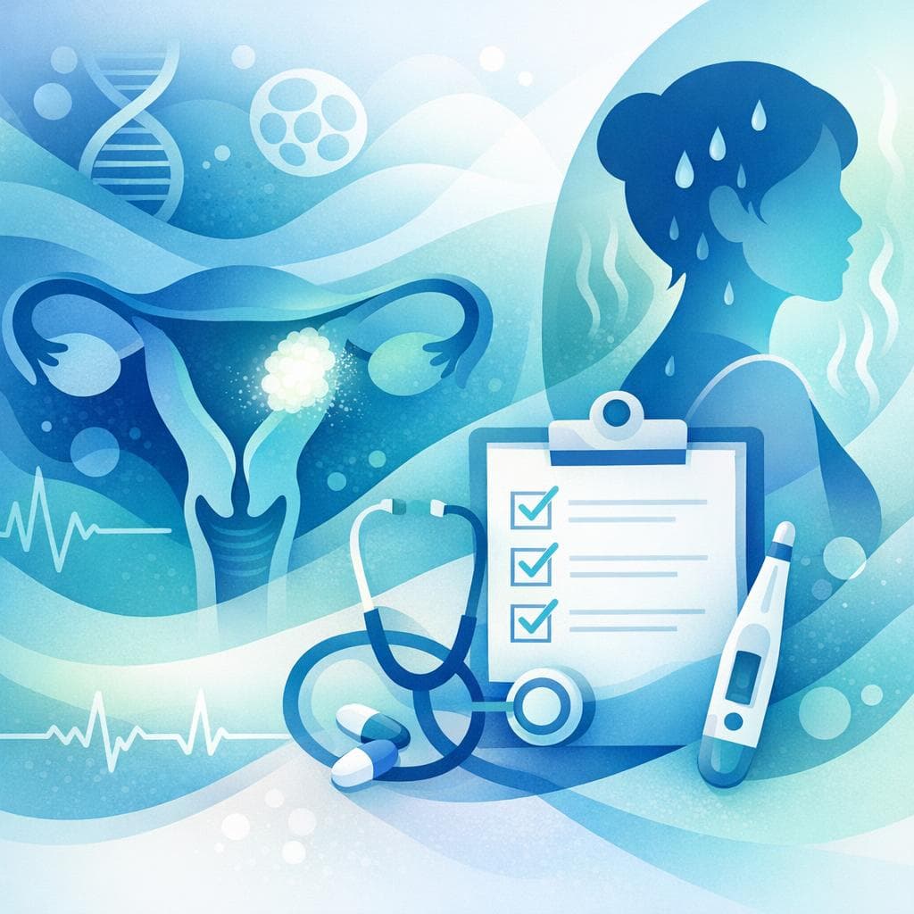 Medical illustration for 米国NIHの資料に基づく | 最近、夜間に寝汗で寝具が濡れるほどの発汗が続き、あわせて不正出血(とくに閉経後出血)や下腹部・骨盤痛、原因不明の体重減少など子宮体がんを示唆する症状もみられますか? - Persly Health Information