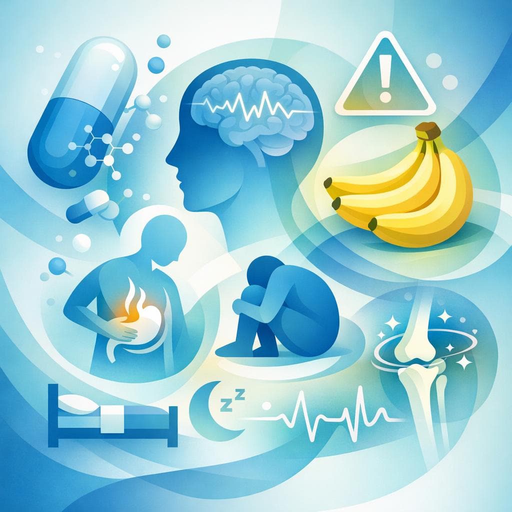 Medical illustration for Based on NIH | Does eating bananas while taking gabapentin increase the risk of side effects like dizziness or drowsiness? - Persly Health Information