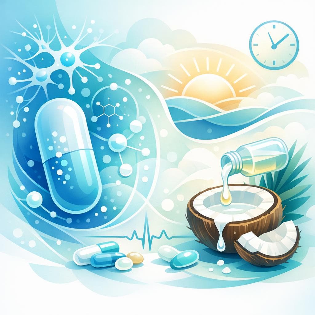 Medical illustration for 미국 NIH 자료 기반 | 가바펜틴을 복용하면서 아침에 코코넛 오일을 섭취해도 약물 상호작용이나 흡수 또는 효과에 영향을 준다는 근거가 있나요? - Persly Health Information