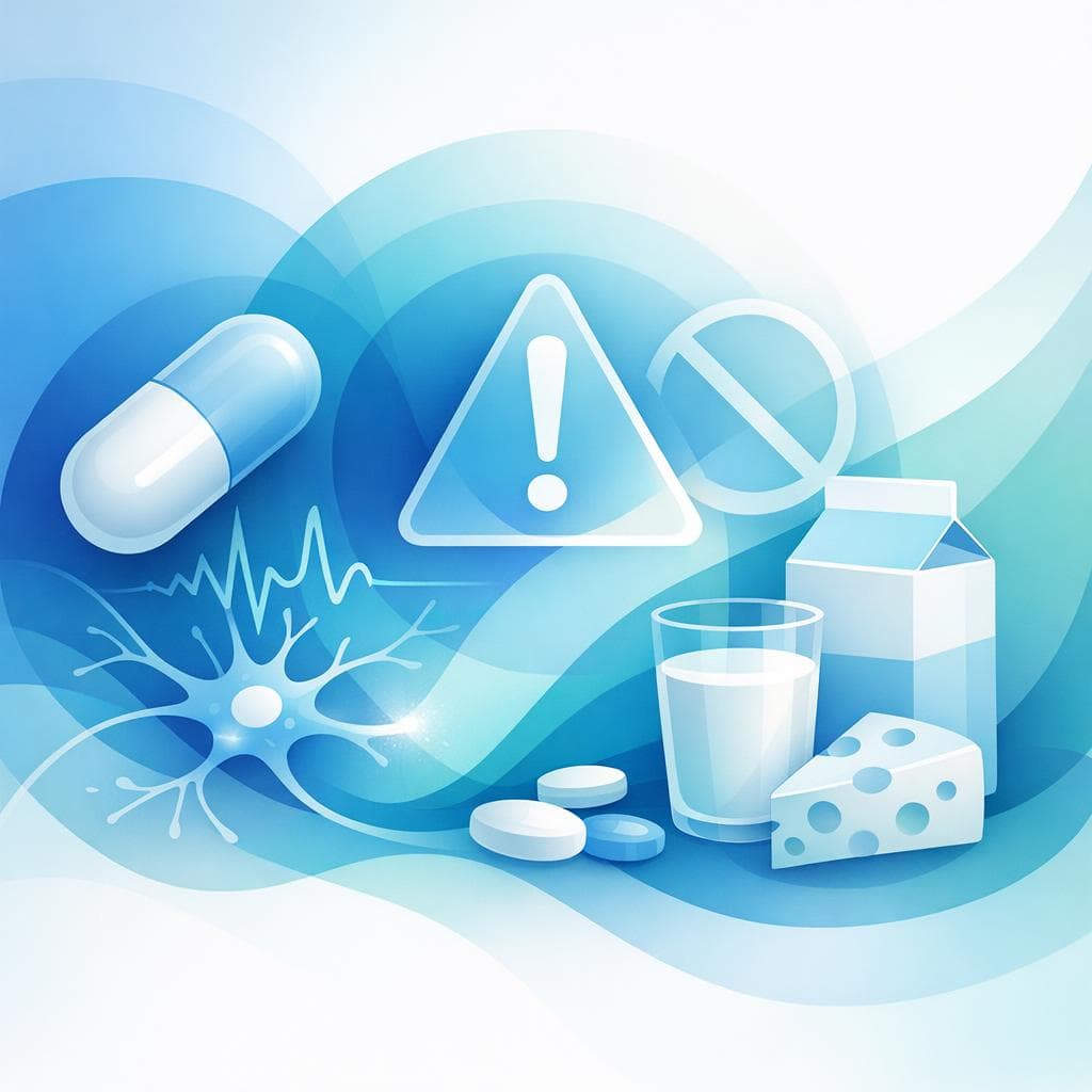 Medical illustration for Based on NIH | Should I avoid taking gabapentin with milk or other dairy products because calcium can reduce absorption, and how many hours should I separate my dose from dairy? - Persly Health Information