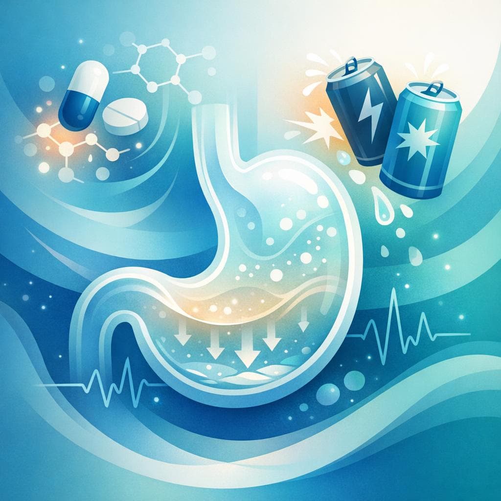 Medical illustration for Based on NIH | Is it safe to take gabapentin on an empty stomach, and do energy drinks or caffeine affect its effectiveness or increase side effects like dizziness? - Persly Health Information