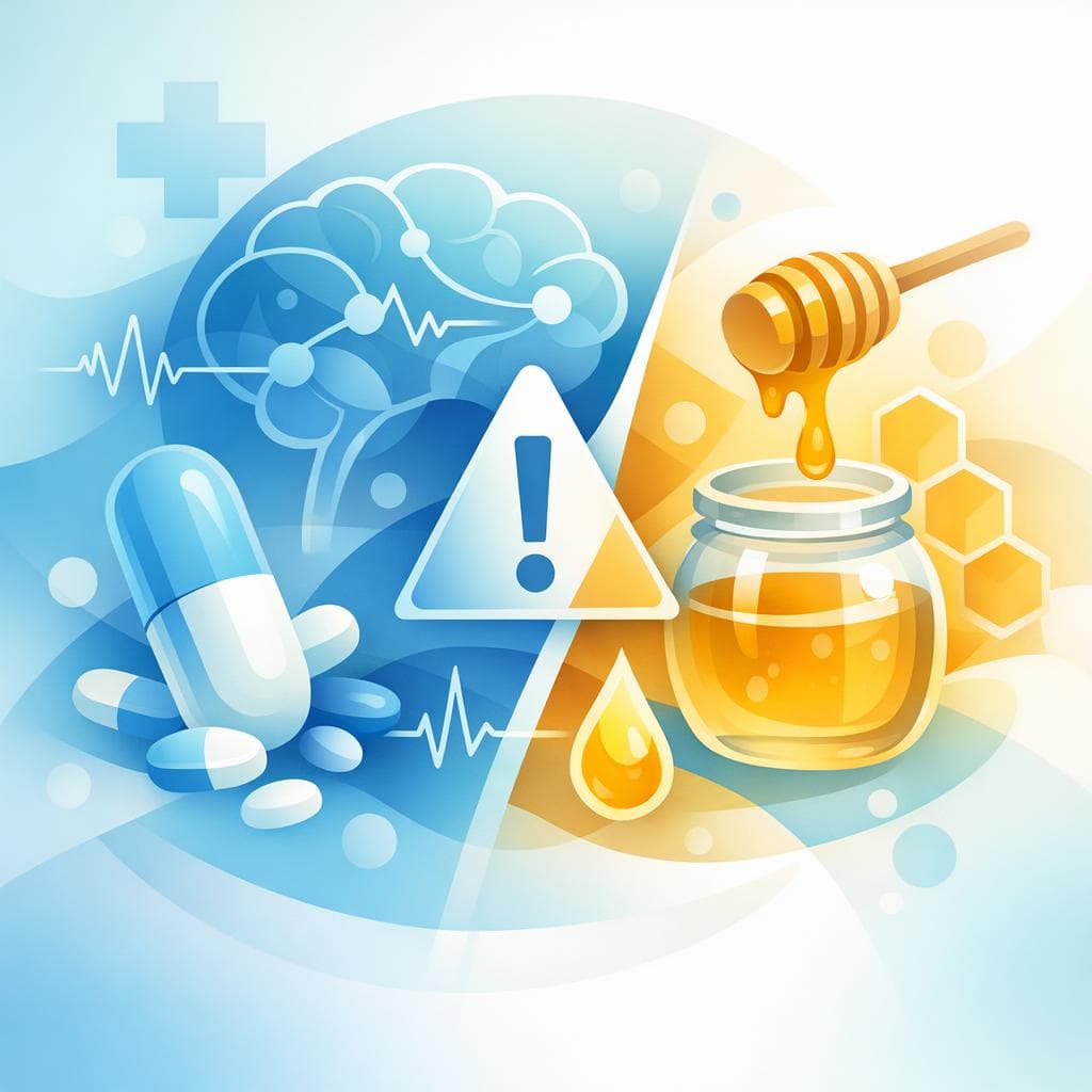 Medical illustration for Based on NIH | Is there any evidence that I should limit honey intake while taking gabapentin, and if so, what honey dosage is considered safe? - Persly Health Information