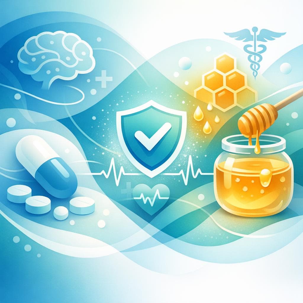 Medical illustration for Based on NIH | Is it safe to eat honey while taking gabapentin, or are there any interactions that could affect its effectiveness or cause side effects? - Persly Health Information