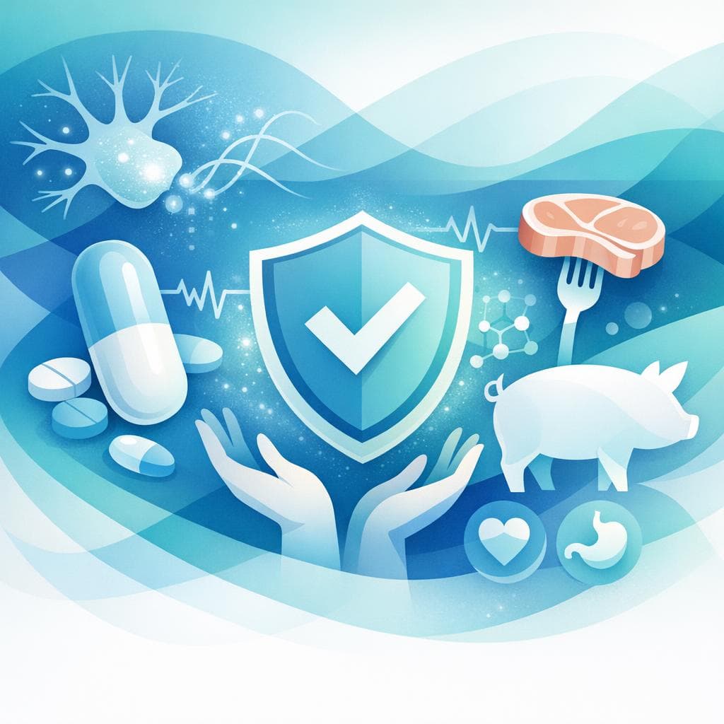 Medical illustration for Based on NIH | Is it safe to eat pork while taking gabapentin, or are there any known interactions with pork or pork-derived ingredients? - Persly Health Information