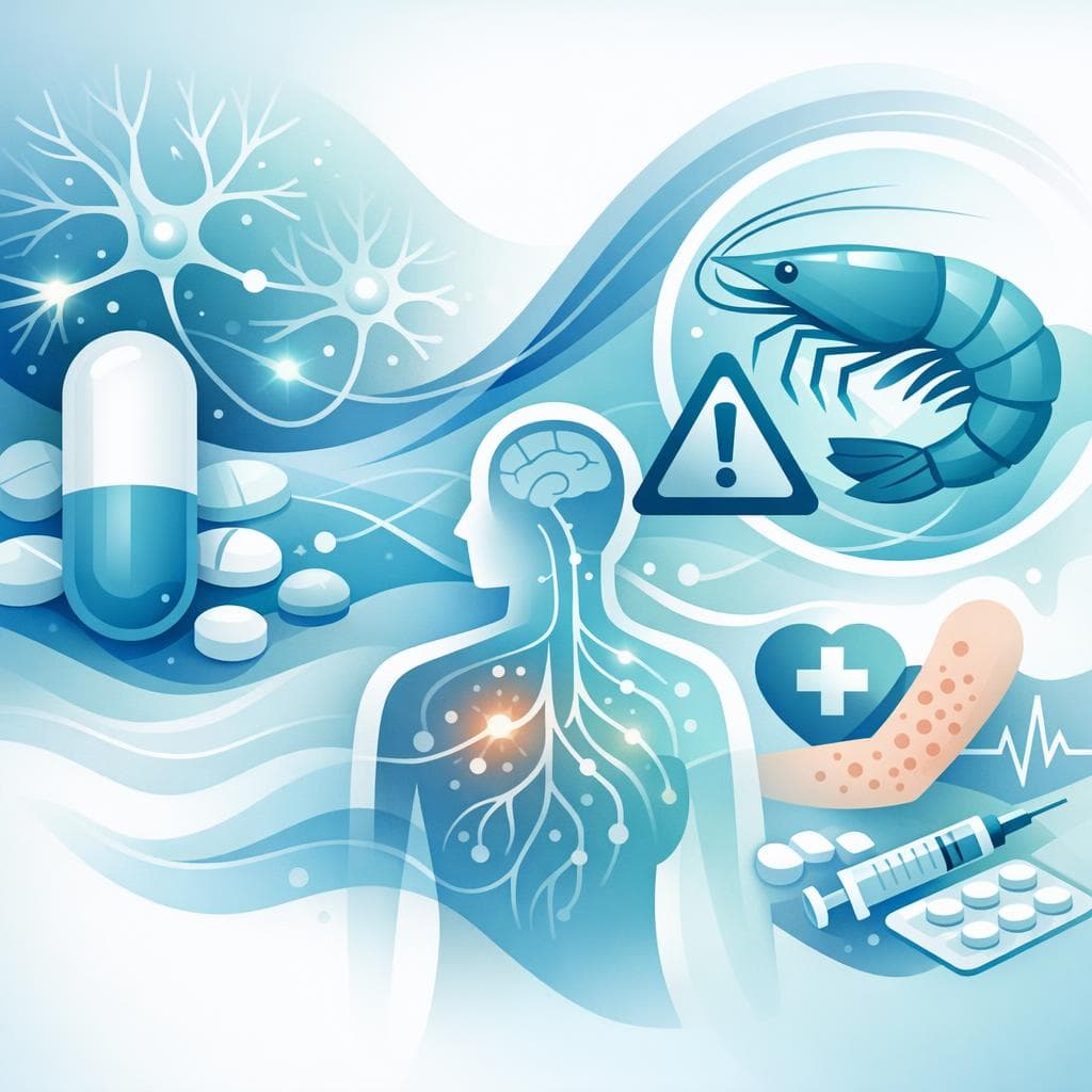 Medical illustration for Basado en NIH de EE.UU. | ¿Es seguro comer camarones mientras tomo gabapentina, o aumenta el riesgo de efectos secundarios o reacciones alérgicas, especialmente si tengo alergia a los mariscos? - Persly Health Information