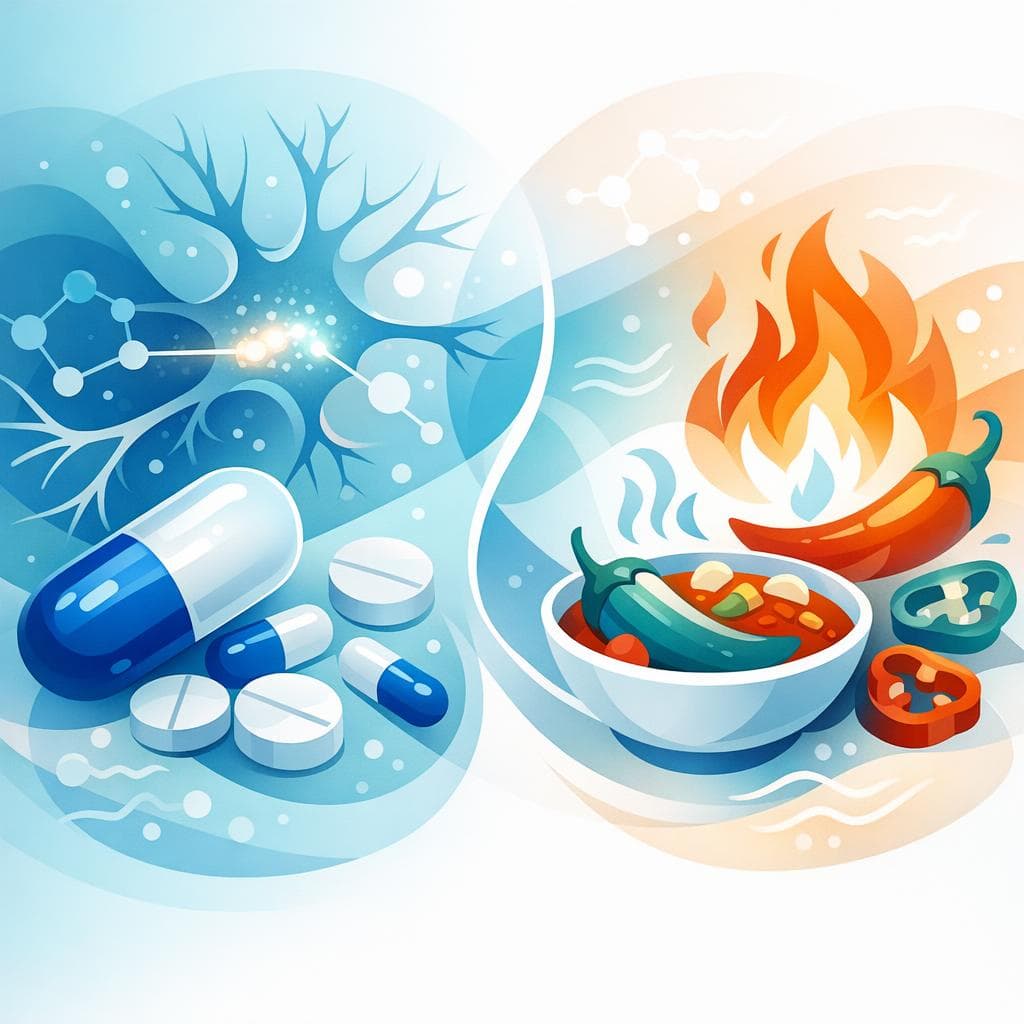 Medical illustration for Based on NIH | Can eating spicy food before taking gabapentin affect its absorption or increase side effects like stomach upset? - Persly Health Information