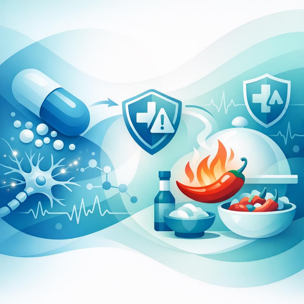 Medical illustration for Based on NIH | Do I need to take any dosage precautions with gabapentin when eating spicy food, or could spicy foods interfere with its effectiveness? - Persly Health Information
