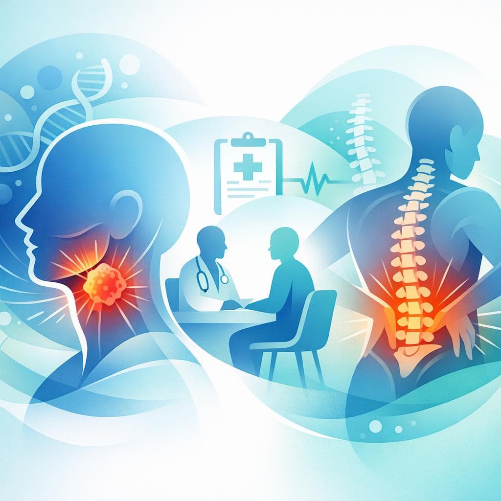 Medical illustration for PubMedの資料に基づく | 頭頸部がんに関連して背中の痛みがある場合、どのタイミングで医師に相談・受診すべきですか? - Persly Health Information