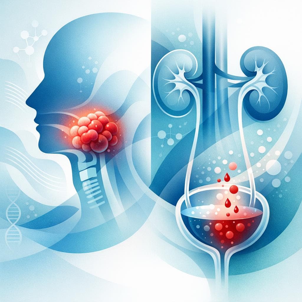 Medical illustration for 미국 NIH 자료 기반 | 두경부암의 초기 증상으로 소변에 피가 섞이는 혈뇨가 나타날 수 있나요? - Persly Health Information