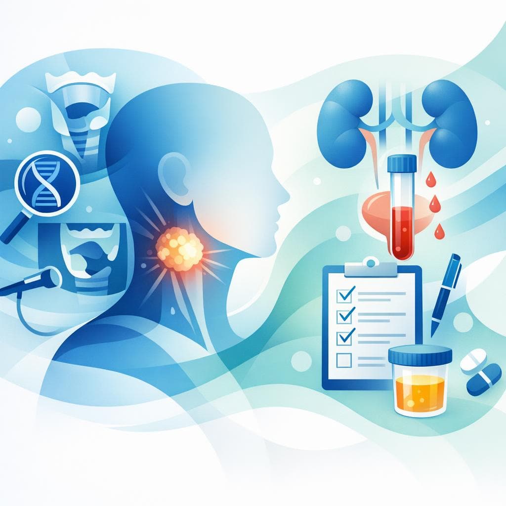 Medical illustration for 米国NIHの資料に基づく | 頭頸部がんの治療中または既往がある人で血尿が見られた場合、血尿の患者チェックリストで確認すべき症状や受診の目安は何ですか? - Persly Health Information