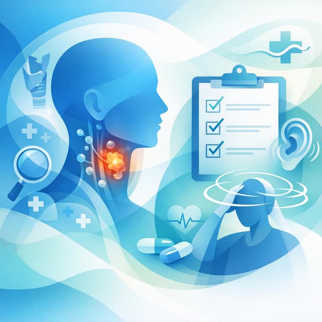 Basado en NIH de EE.UU. | En un paciente con cáncer de cabeza y cuello que presenta mareo, ¿qué ítems del checklist deben evaluarse: inicio súbito o posicional, sensación de giro, hipoacusia, acúfenos u otalgia unilateral, plenitud o secreción del oído, visión doble, cefalea intensa, inestabilidad al caminar, debilidad o parestesias faciales, disfagia u odinofagia, disartria o ronquera, masa cervical, epistaxis o sangrado oral, pérdida de peso, signos de deshidratación, palpitaciones o síncope, y uso de quimioterapia ototóxica o radioterapia cervical?