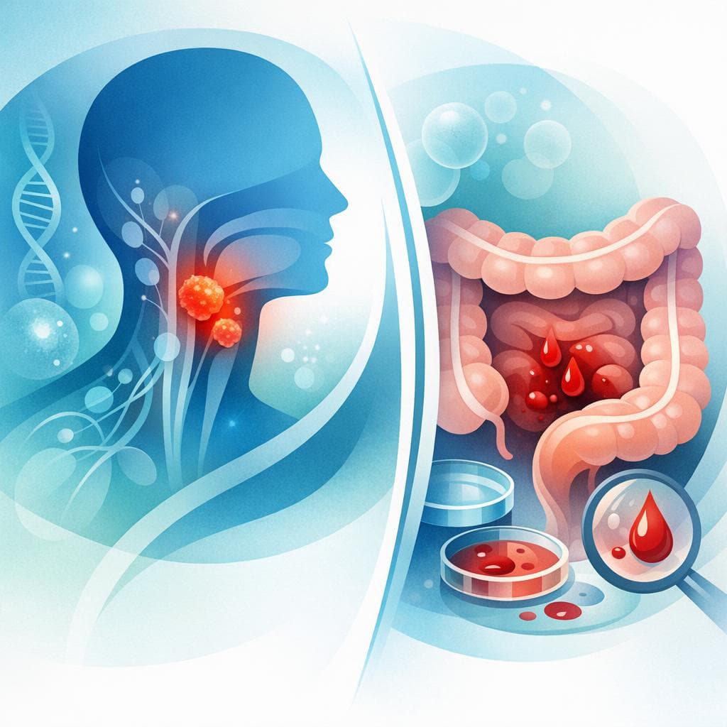 Medical illustration for 米国NIHの資料に基づく | 頭頸部がんの患者で血便が持続する場合、がん自体や治療の影響を含めてどのような原因が考えられ、どのタイミングで受診すべきですか? - Persly Health Information