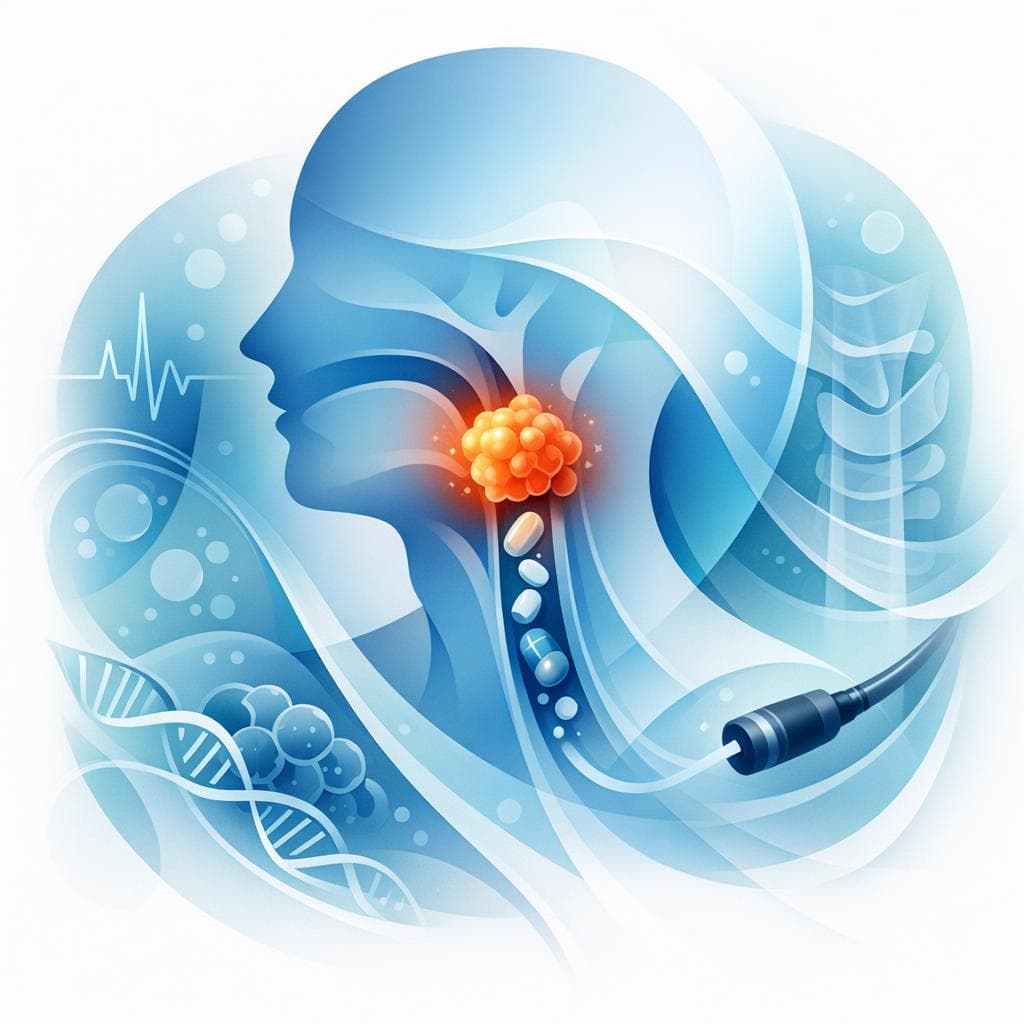 Medical illustration for 미국 NIH 자료 기반 | 두경부암의 증상으로 지속적인 연하곤란이 있을 때 어떤 특징을 보이며, 함께 나타나면 의심해야 할 경고 신호에는 무엇이 있나요? - Persly Health Information