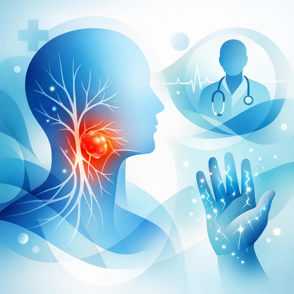 Medical illustration for PubMed 자료 기반 | 두경부암과 관련해 얼굴·혀·목 부위에 저림이 느껴질 때, 어느 정도 지속되거나 어떤 증상과 함께 나타나면 의사를 찾아야 하나요? - Persly Health Information