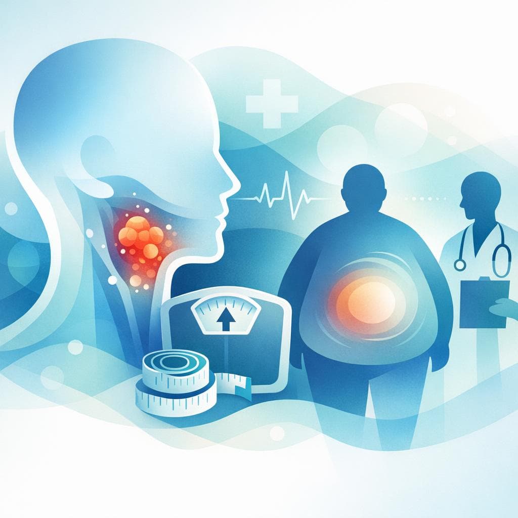 Medical illustration for PubMedの資料に基づく | 頭頸部がんで体重増加という症状がみられる場合、いつ医師に相談すべきですか? - Persly Health Information