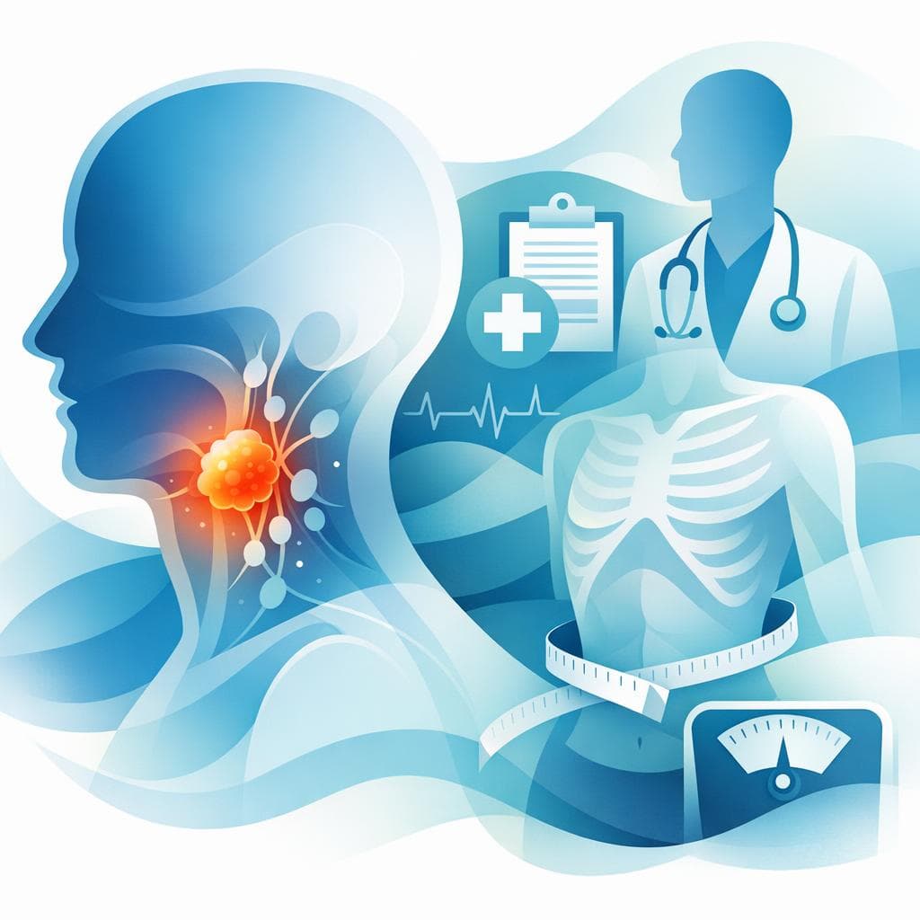 Medical illustration for PubMed 자료 기반 | 두경부암과 관련해 설명되지 않는 체중 감소가 있을 때, 어느 정도의 체중 변화가 얼마나 지속되면 의사의 진료를 받아야 하나요? - Persly Health Information