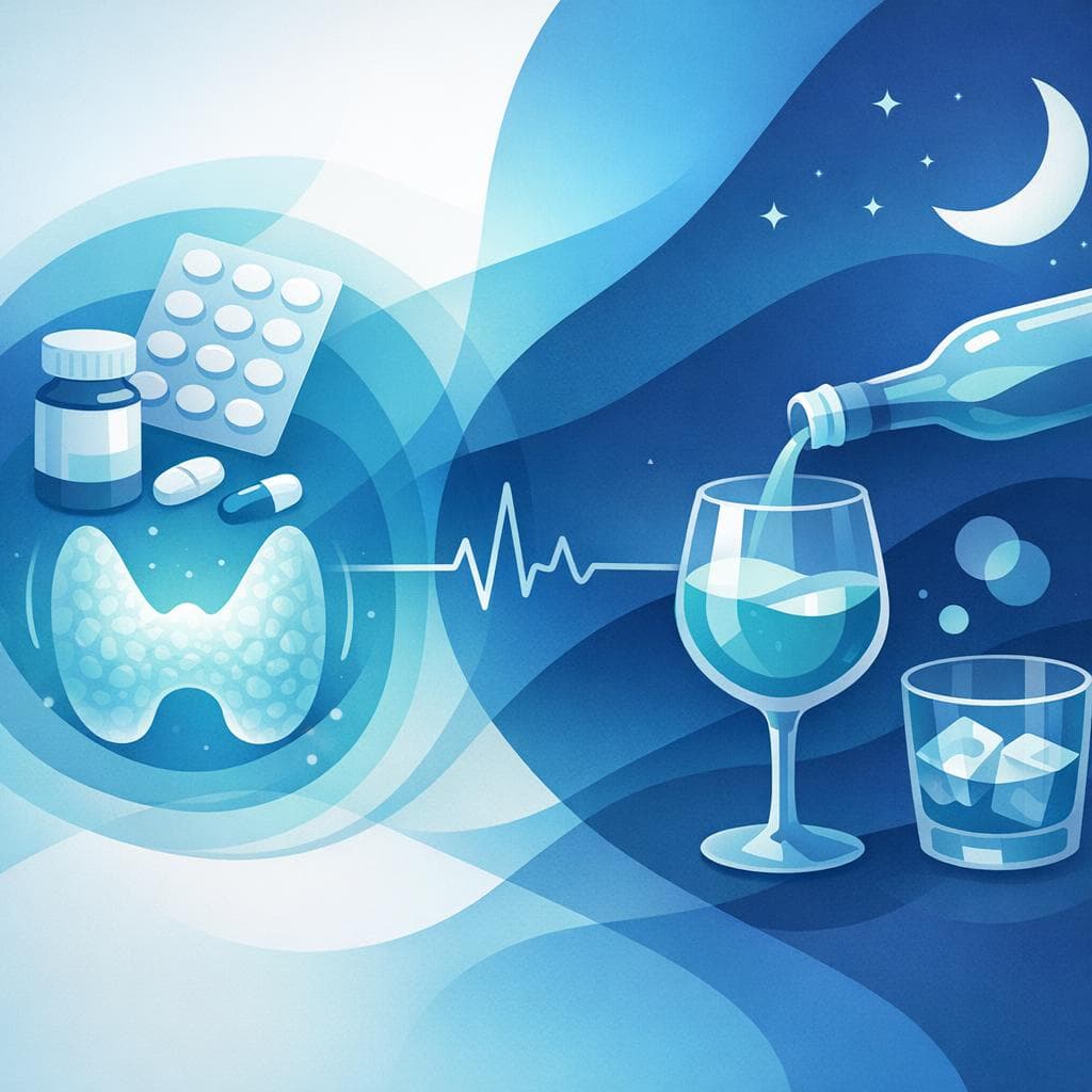 Medical illustration for Based on PubMed | Is it safe to drink alcohol at night while taking levothyroxine, and could this affect the medication’s absorption or thyroid hormone levels? - Persly Health Information