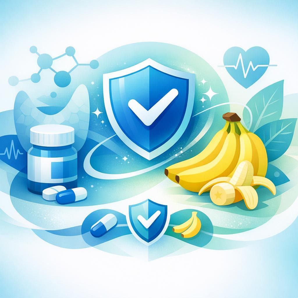 Medical illustration for Based on NIH | Do bananas interact with levothyroxine or affect its absorption, and how long should I wait after taking my dose before eating a banana? - Persly Health Information