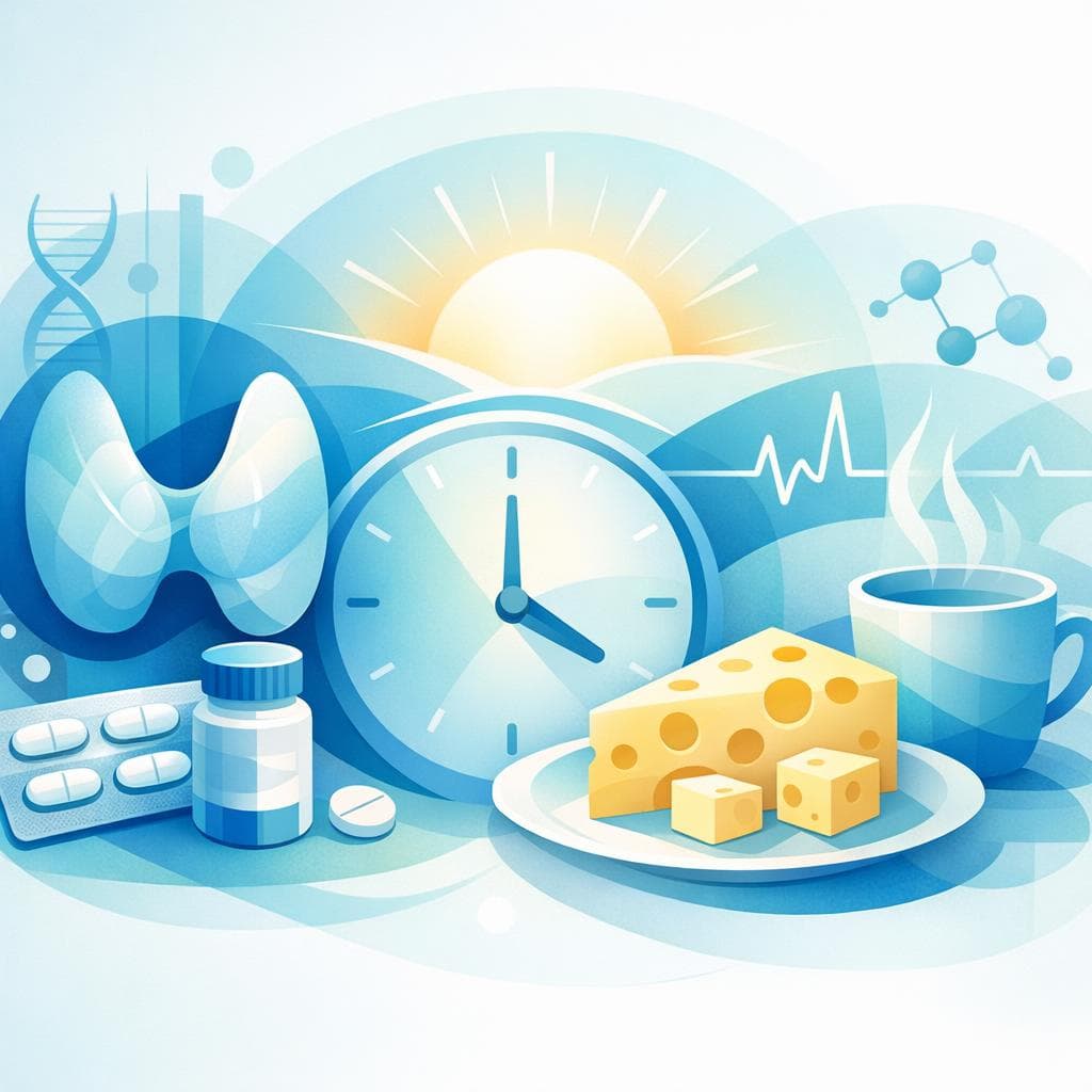 Medical illustration for Based on NIH | Is it true that eating cheese in the morning can interfere with levothyroxine absorption, and how long should I wait after taking my dose before having dairy? - Persly Health Information