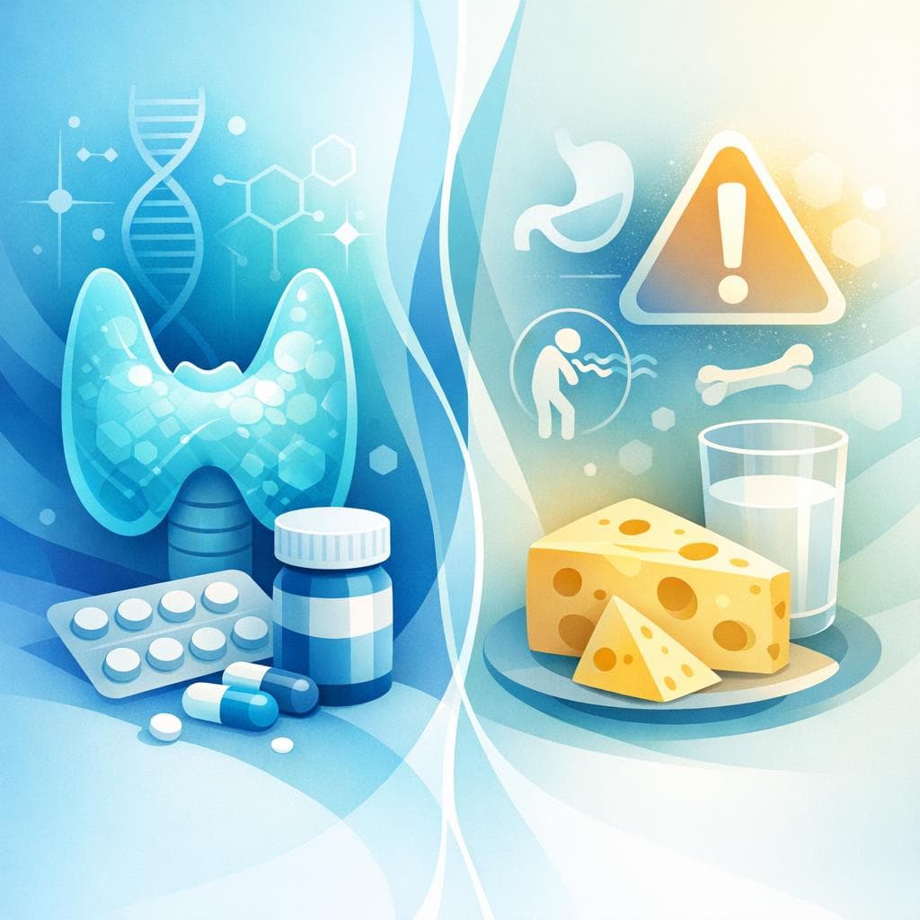 Medical illustration for Based on NIH | Does eating cheese increase the risk of side effects when taking levothyroxine? - Persly Health Information