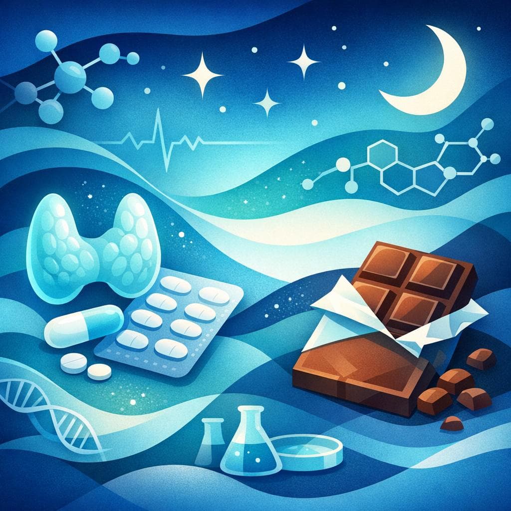 Medical illustration for 미국 NIH 자료 기반 | 레보티록신을 밤에 복용하는데 자기 전에 초콜릿을 먹어도 흡수나 약효에 영향이 없나요? - Persly Health Information
