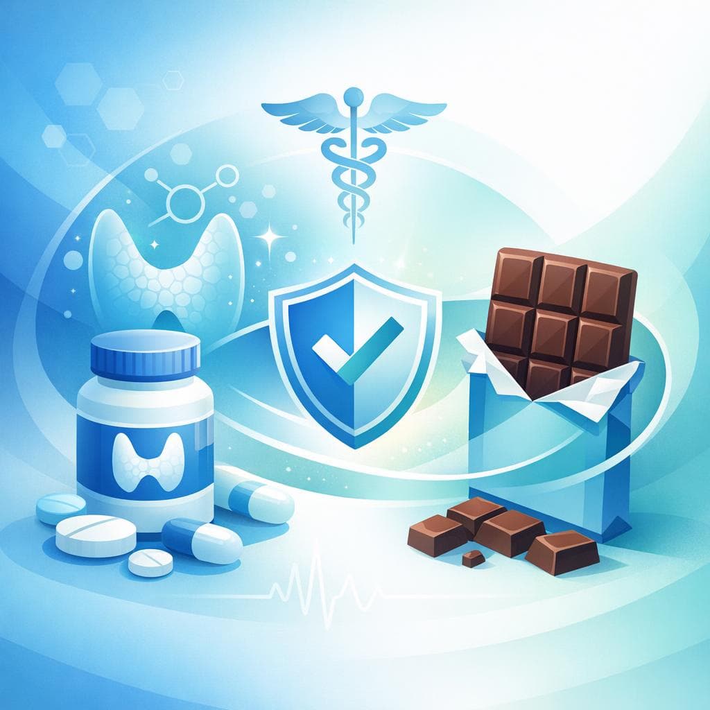 Medical illustration for Based on NIH | Is it safe to eat chocolate while taking levothyroxine, and does chocolate or cocoa interfere with the medication’s absorption or require timing adjustments? - Persly Health Information
