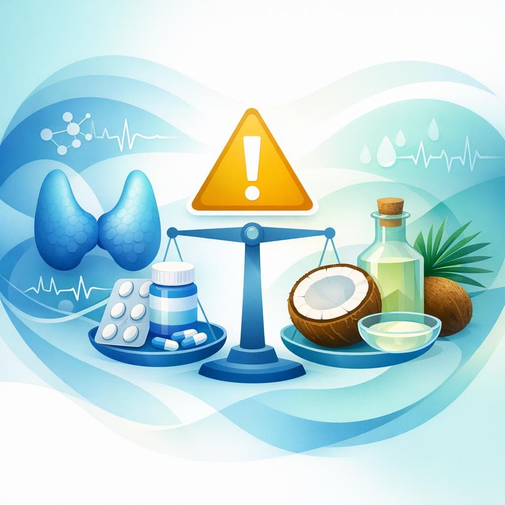Medical illustration for 미국 NIH 자료 기반 | 레보티록신 복용 중 코코넛 오일 섭취 용량에 주의가 필요하다는 게 사실인가요? 사실이라면 안전한 하루 섭취량과 약 복용과의 간격은 어떻게 해야 하나요? - Persly Health Information