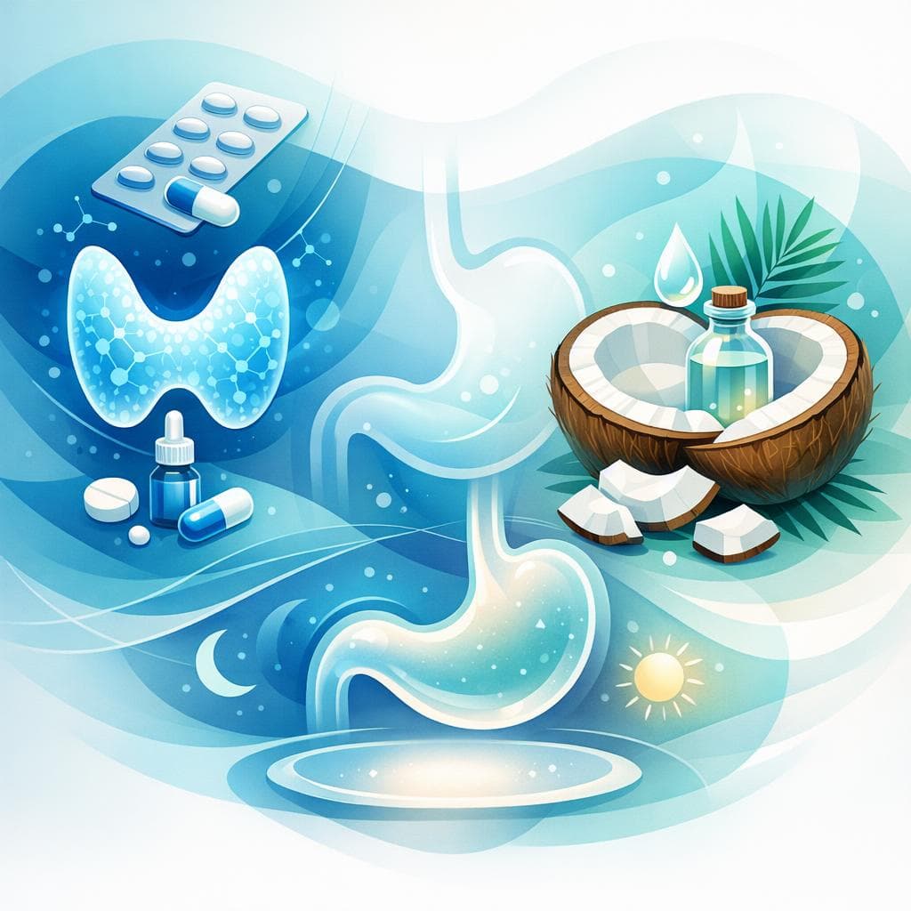 Medical illustration for PubMed 자료 기반 | 레보티록신은 공복에 물과 함께 복용하라고 들었는데, 같은 시각에 코코넛 오일을 섭취하면 흡수나 약효에 영향을 줄 수 있나요? - Persly Health Information