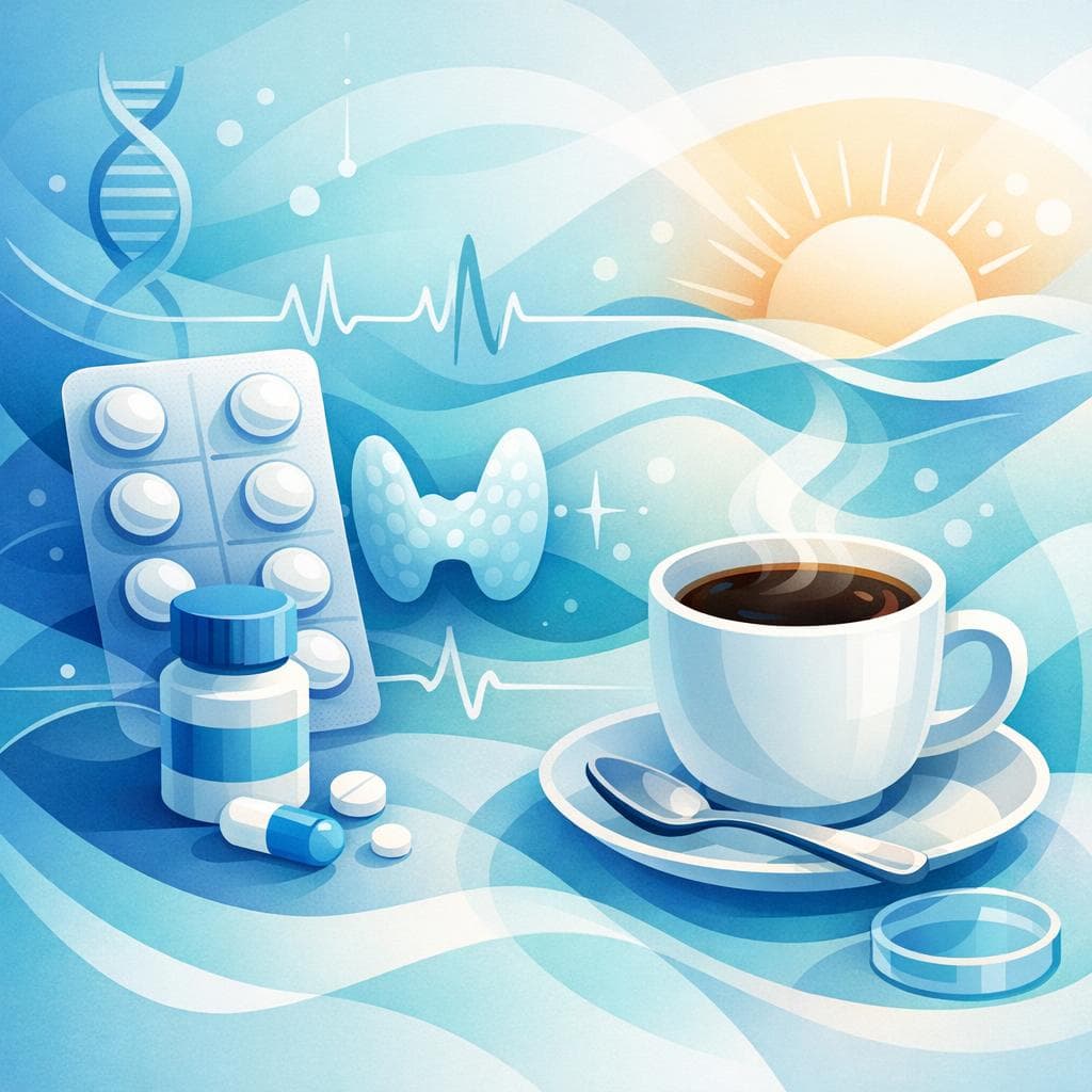Medical illustration for 미국 NIH 자료 기반 | 레보티록신을 아침에 복용할 때 커피를 마시면 약 흡수가 감소한다는 게 사실인가요? - Persly Health Information