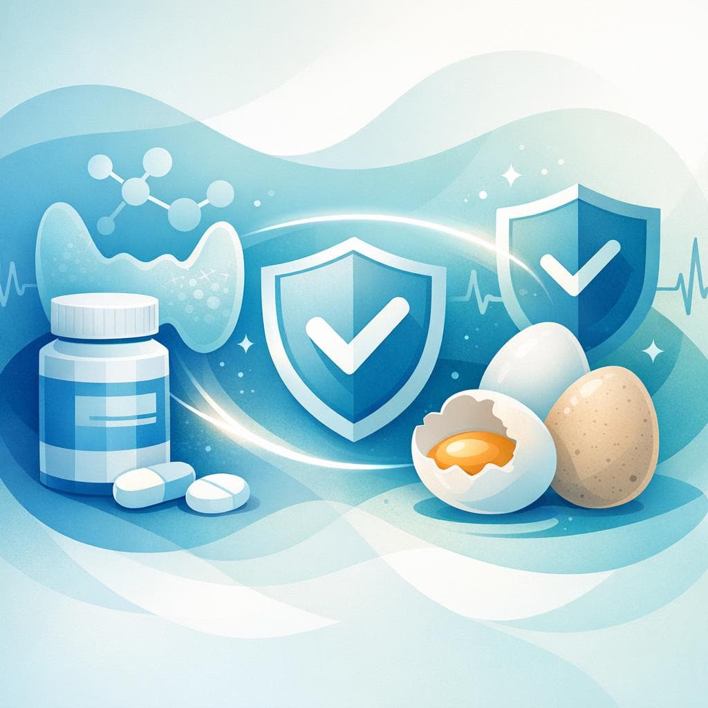 Medical illustration for Based on NIH | Is it safe to eat eggs while taking levothyroxine, or do eggs interfere with its absorption or effectiveness? - Persly Health Information
